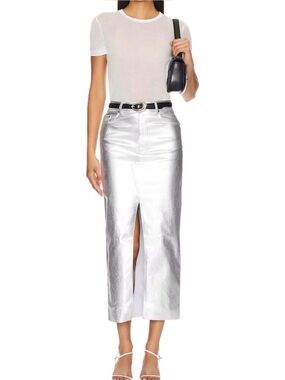 Everly Metallic Silver Midi Pencil Skirt with Front Slit
